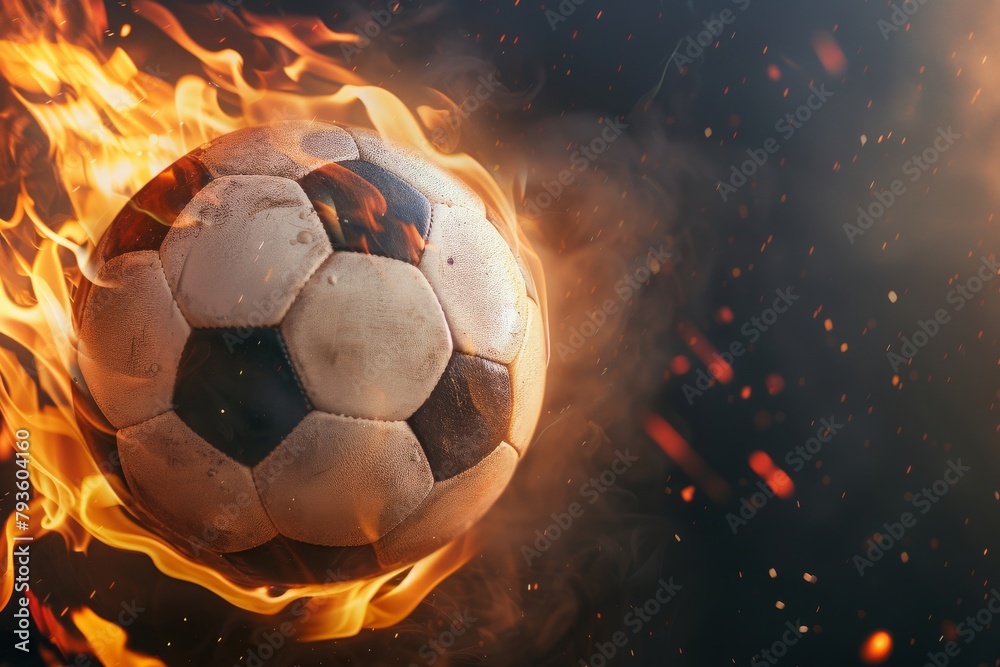 Naklejka premium A Soccer Ball Engulfed in Flames Captures the Fiery Passion and Dynamic Energy of the Sport, Generative AI