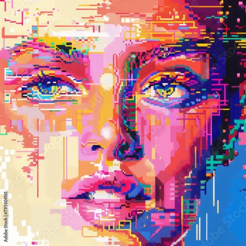 A colorful, pixelated face with a blue background