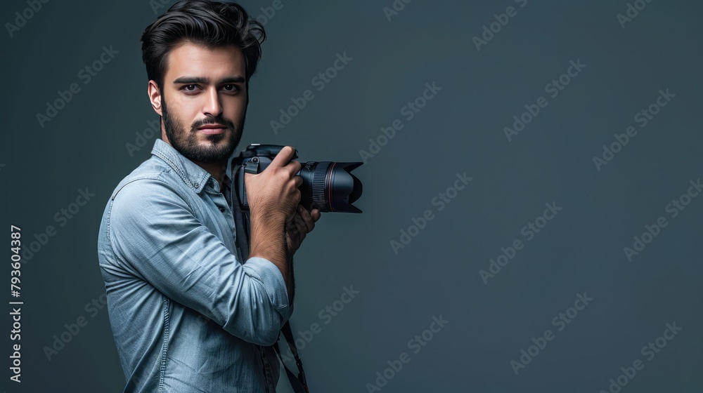 Portrait of a young professional photographer holding a camera with a confident and focused expression, showcasing passion and dedication to the craft. Portrait of a young professional photographer holding a camera with a confident and focused expression, showcasing passion and dedication to the craft.