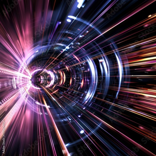 A colorful, swirling tunnel of light with a purple hue © Chawakorn