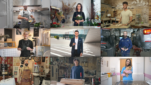 Many different profession collage. Happy people portrait mix. Lots of smile worker. Joy employee team work. Faces staff multi screen. Various job split. Young adult guys girls group. Men race diverse.