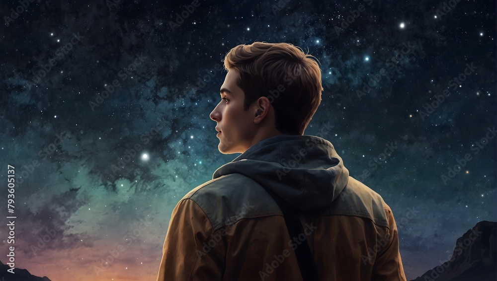 Young man gazing at the stars in wonder. Digital watercolor painting Generative AI Young man gazing at the stars in wonder. Digital watercolor painting Generative AI
