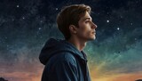 Young man gazing at the stars in wonder. Digital watercolor painting Generative AI