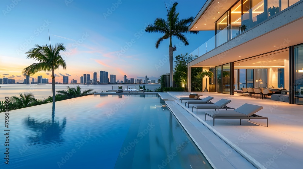 Overlooking the Miami skyline, a stunning infinity pool is complemented by sun loungers and palm trees on an outdoor patio, with a modern mansion featuring large windows 