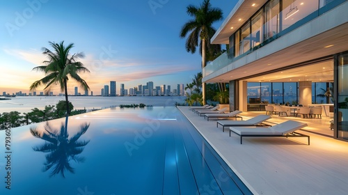 Overlooking the Miami skyline  a stunning infinity pool is complemented by sun loungers and palm trees on an outdoor patio  with a modern mansion featuring large windows 
