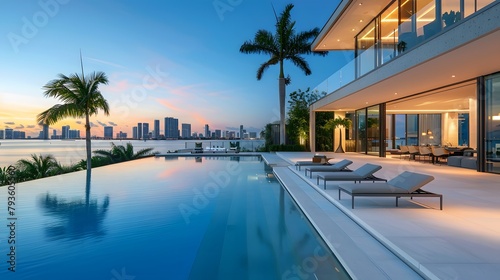 Overlooking the Miami skyline, a stunning infinity pool is complemented by sun loungers and palm trees on an outdoor patio, with a modern mansion featuring large windows  © horizor