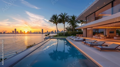 Overlooking the Miami skyline, a stunning infinity pool is complemented by sun loungers and palm trees on an outdoor patio, with a modern mansion featuring large windows  © horizon