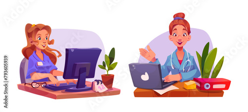 Woman doctor sitting at table with computer. Cartoon vector illustration set of female medical specialist working at desk with laptop and pc screen. Physicians in hospital uniform with stethoscope.