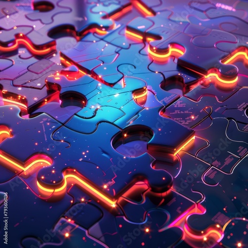 A puzzle made of neon lights and blue pieces