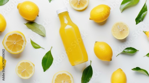close up of fresh lemon juice with bottle leaves and fruit