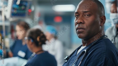 A medical professional in an emergency room, directing team members, authoritative and focused, against a stark, undistracted background, styled as an emergency care shot.