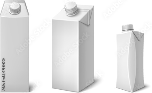 Milk or juice carton box mockups set isolated on white background. Vector realistic illustration of paper package for drinks with blank surface for branding, big and small containers with plastic caps photo