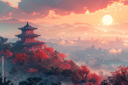Asian traditional architectural scenery at sunset