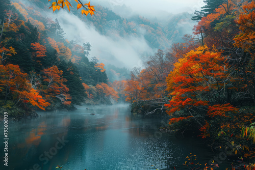 Autumn forest and calm lake