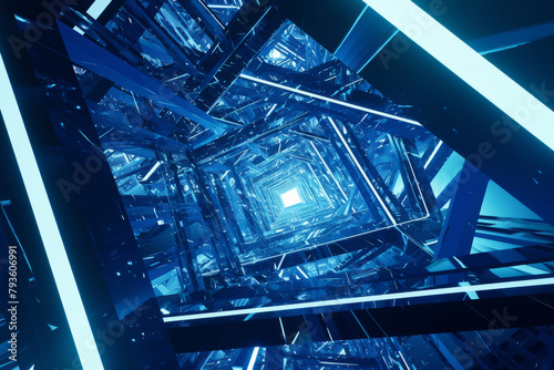 Chaotic metal grid extended tech background illuminated by blue light photo