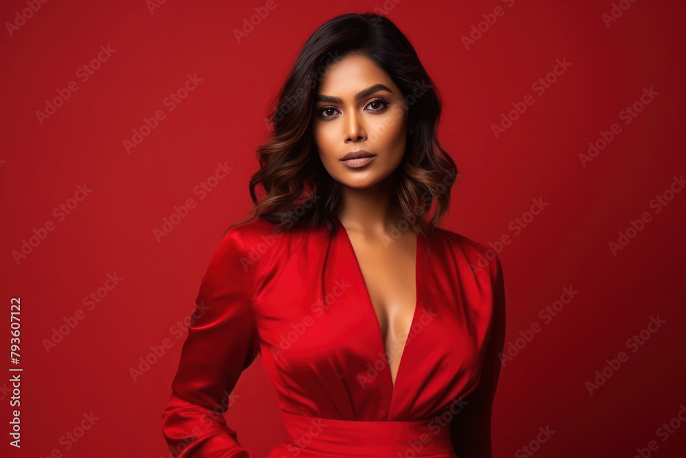 young woman in red dress on red background. young woman in red dress on red background.