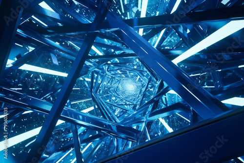 Chaotic metal grid extended tech background illuminated by blue light photo