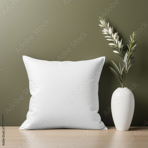 White linen pillow mockup with modern ceramic vase and dry grass. Pillow mockup for design presentation. Scandinavian interior.