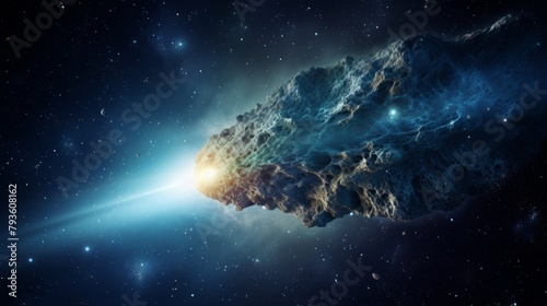 A comet's nucleus emitting a captivating and celestial glow that lights up the cosmic and celestial darkness