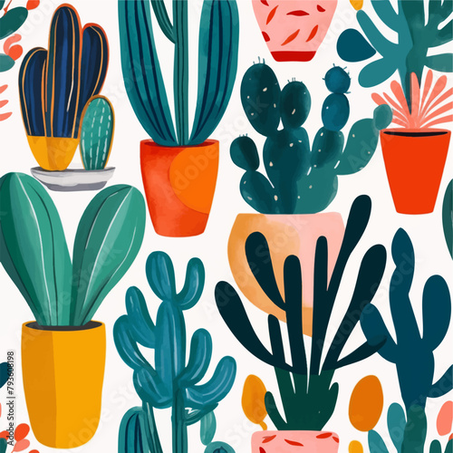 Сactaceous seamless pattern in green colors. Cacti and succulents print on white background for wrapping paper, textile etc. Flat plants from desert. 