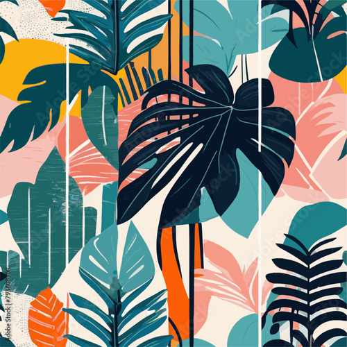 Beach cheerful seamless pattern wallpaper of tropical dark green leaves of palm trees and flowers bird of paradise (strelitzia) plumeria on a watercolor background