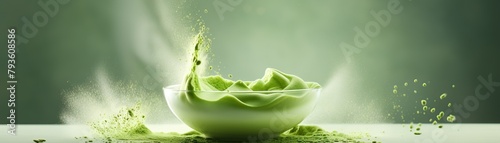 Green tea powder in a white bowl with green background