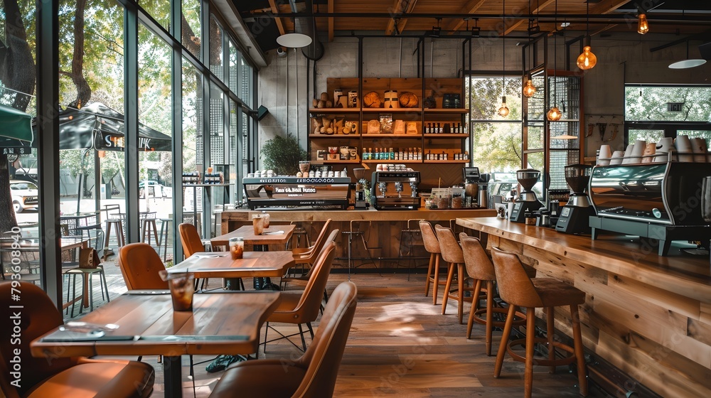 Fototapeta premium Interior design of an urban coffee shop, showcasing wooden accents and modern seating with large windows. The space is well lit by natural light, creating a cozy atmosphere for conversation.