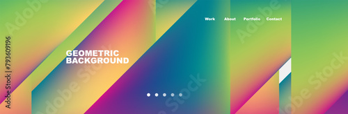 Vibrant colors like azure, orange, violet, magenta, and electric blue blend beautifully on a geometric background of triangles and rectangles with a rainbow gradient