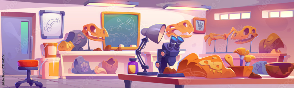 Vetor de Archeology science lab interior with fossils. Vector cartoon ...