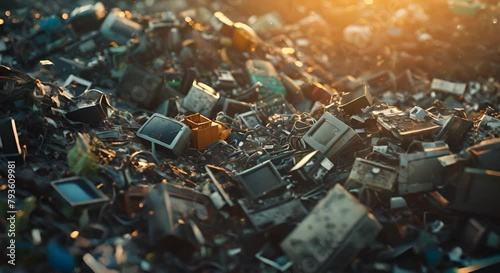 Dark electronic waste piling up in landfills, with toxic leaks seeping into the ground, photo