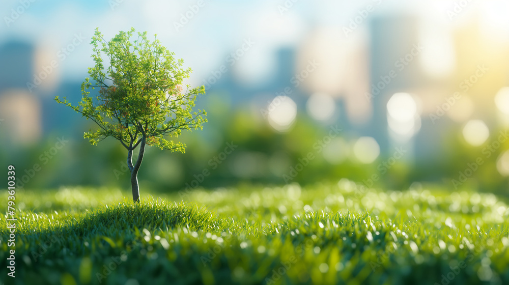 Solitary Young Tree Flourishing in Lush Spring Meadow Solitary Young Tree Flourishing in Lush Spring Meadow