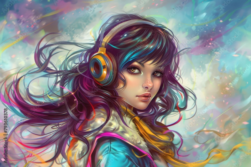 Fototapeta premium Music and Lights: A Woman Lost in the Joy of Her Favorite Songs, Surrounded by a Vivid Symphony of Colorful Lights, Generative AI