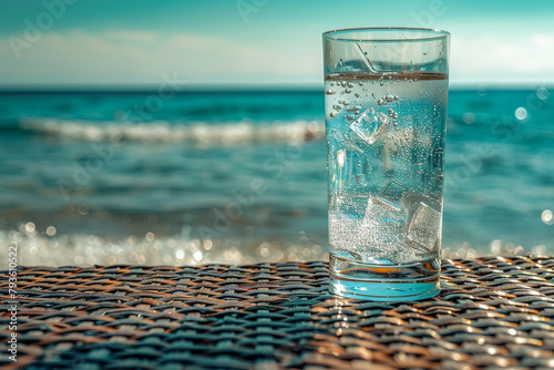 A glass of cold water is placed on a table by the beach.