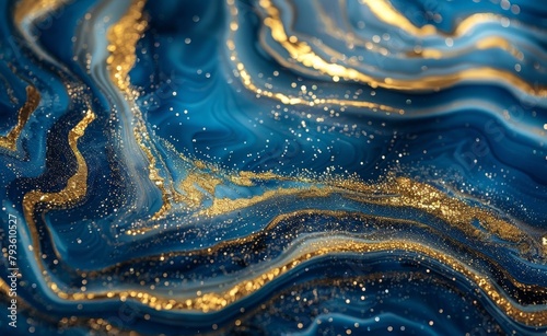 Abstract Fluid Art with Blue and Gold Swirling Patterns, Organic Wave-Like Forms, and Glittering Highlights