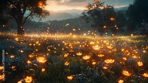Sunset bathes a flower-filled field in golden light, with fireflies adding a twinkling charm to the landscape.