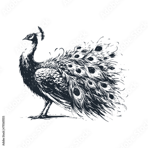 The peacock bird. Black white vector illustration.