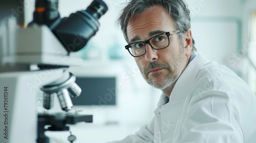 A middle-aged engineer in a lab, with a microscope, looking analytical, against a minimalist white background, styled as a precision engineering shot.