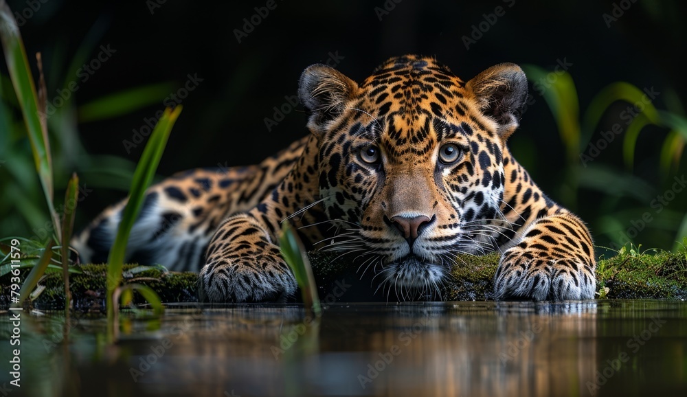 Obraz premium Leopard at night, its focused eyes, full body, lying on mossy grass by the water, with reflection, dark background, animal protection theme, discovering the beauty of nature,Majestic Night Encounter: