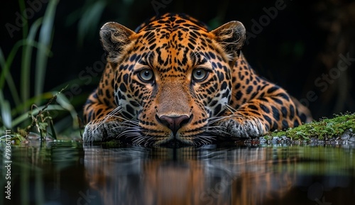 Leopard at night  its focused eyes  full body  lying on mossy grass by the water  with reflection  dark background  animal protection theme  discovering the beauty of nature   Majestic Night Encounter  