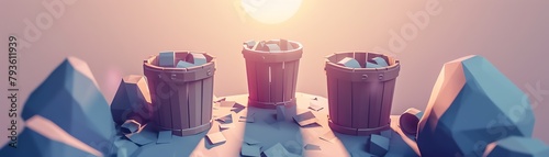 Stacked paper waste in a beige bin at sunset photo