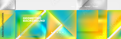 A collection of vibrant geometric backgrounds featuring colorful triangles, lines, and circles. The patterns showcase symmetry and tints and shades of electric blue, creating eyecatching graphics