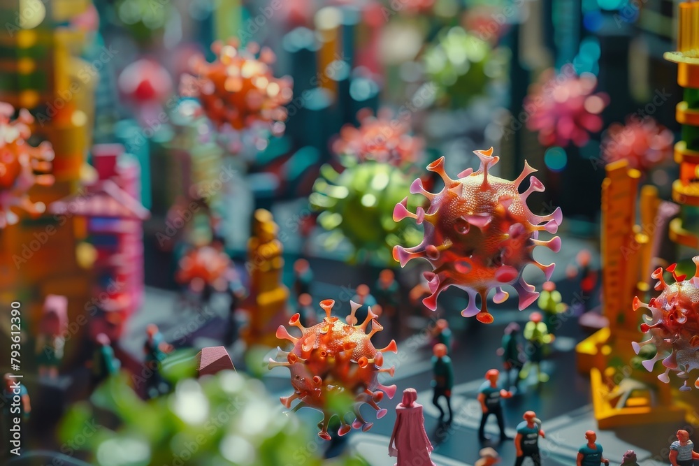 illustration of virus spreading in the big city bokeh style background