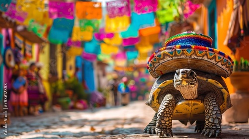 A turtle wearing a sombrero, leading a festive parade through a vibrant Mexican village filled with colorful papel for blog nature lovers gallery