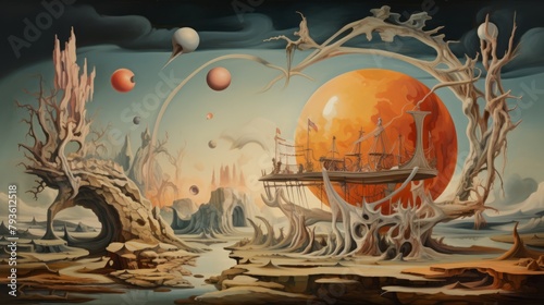 A surrealistic painting with dreamlike imagery