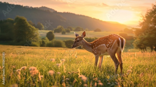 Deer grazing in a picturesque meadow  Wildlife  Smartphone  Wide-angle lens  Golden hour  Serene  Digital for blog nature lovers gallery