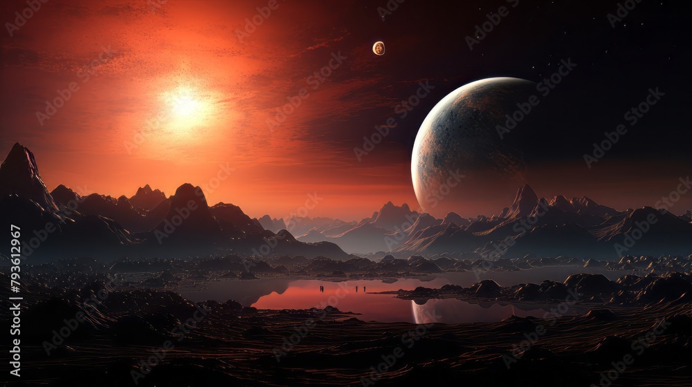Otherworldly landscape with towering mountains and distant planets