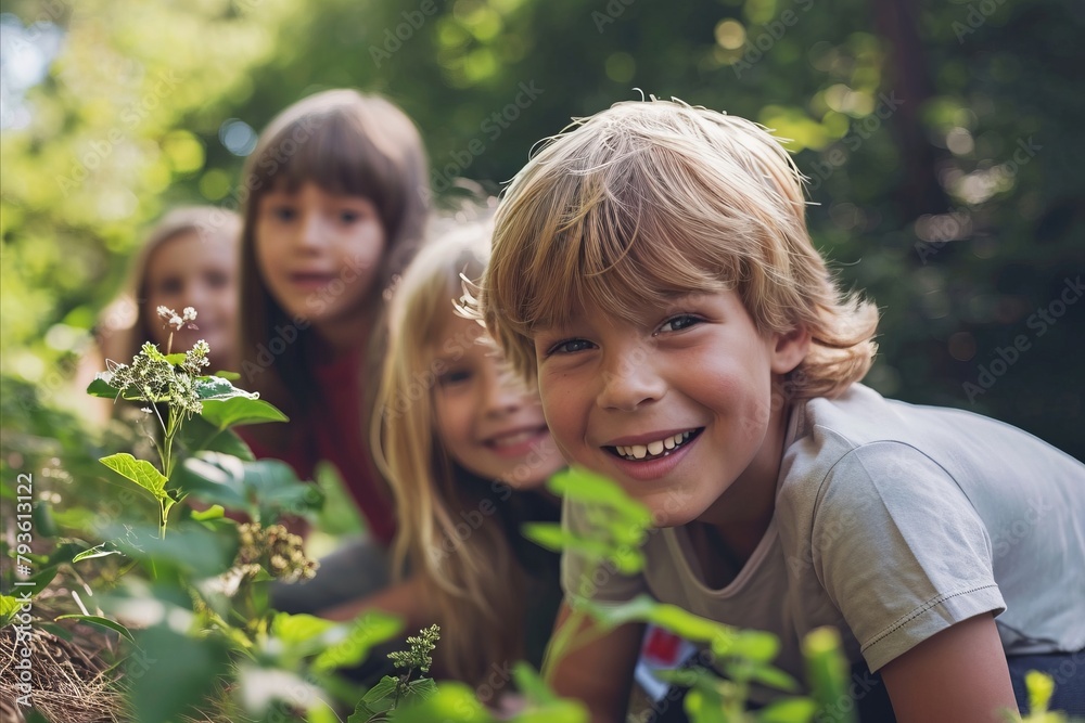 Portrait of smiling children looking at camera in the park in summer