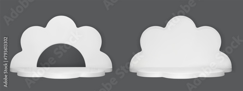 3d isolated product display white podium. Daisy flower and cloud vector pedestal mockup for cosmetic presentation. Arch window stage object for minimal studio show element. Realistic paper cut design