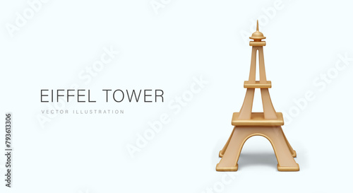Eiffel Tower in 3D style. Metal monument, symbol of Paris. Color poster, header, flyer