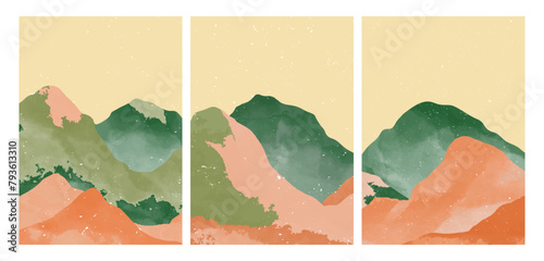 set of Abstract Mountain. creative minimalist hand painted illustrations of Mid century modern. Natural abstract landscape background. mountain, forest and sea © gina
